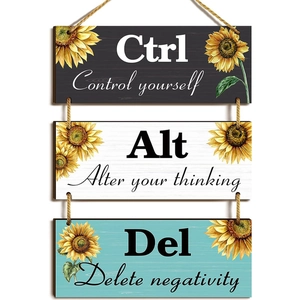 Targa in legno con girasoli e frasi motivazionali Ctrl Alt Del per decorazione ufficio