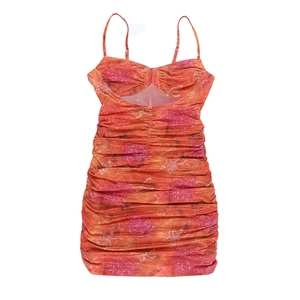 Sexy backless orange gradient ruched bodycon dress with cutout front and spaghetti straps