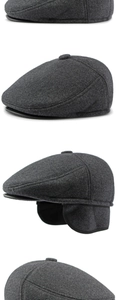 Detailed views of dark grey wool flat cap featuring foldable ear flaps for winter