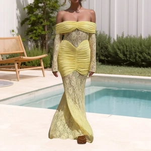 Elegant yellow off-shoulder lace long sleeve bodycon dress for vacation style