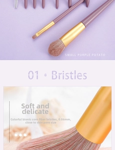 Macro detail of 0.06mm soft purple corn silk fiber bristles on a luxury makeup brush