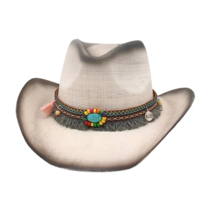Western Straw Cowboy Hat Ethnic Bohemian Wide Brim Sun Protection With Turquoise Bead Tassel Vintage Style