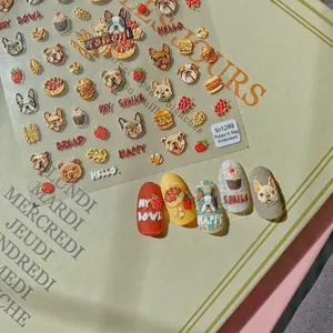 3D embossed nail stickers featuring French bulldogs, baguettes and cute food motifs