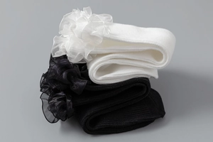 Détail de chaussettes Lolita blanches et noires avec dentelle plissée et maille côtelée
