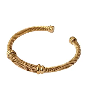 Gold 18K plated stainless steel mesh cable cuff bracelet with polished accents