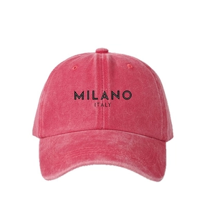 Adjustable red washed cotton baseball cap featuring black Milano Italy embroidered lettering
