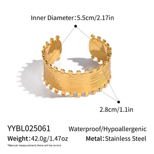 Detailed size specifications for a gold stainless steel water wave pattern cuff bracelet