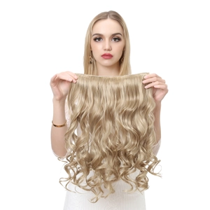 Detailed view of light blonde wavy one-piece hair extension with five-clip attachment