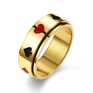 Golden titanium steel spinner ring featuring colorful playing card suit patterns