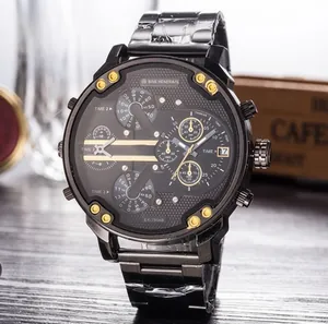 Men's large dial quartz watch with black stainless steel strap and multiple time zones