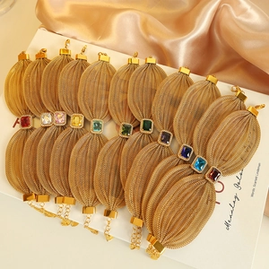 Golden woven mesh bracelets with colorful rectangular gemstones and extension chain