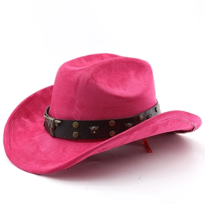 Close-up of rose red suede cowboy hat featuring leather band with bull head metal studs