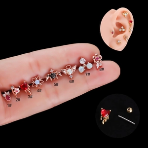 Rose gold stainless steel ear bone studs set with colorful zircon and opal designs