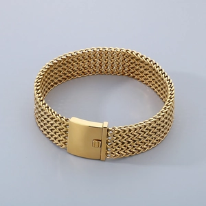 Close-up of golden wide mesh chain necklace with sleek rectangular fold-over clasp