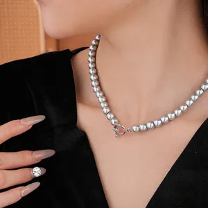 Elegant grey pearl beaded necklace featuring a sparkling pavé OT toggle clasp for women