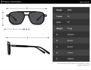 Detailed technical specification chart for vintage square frame sunglasses with precise dimensions