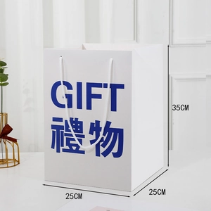 Detail view of a white gift bag with blue GIFT text and 35x25x25cm size specifications
