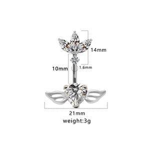 Piercing nombril cœur ailé en argent avec zircone cubique, longueur 14 mm