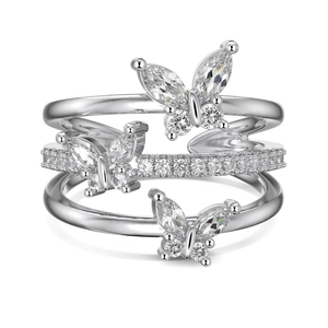 S925 sterling silver open ring with triple butterfly design and sparkling zircon inlays
