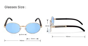 Diagrama técnico con dimensiones de gafas de sol redondas de gran tamaño con UV400