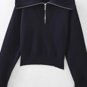 Women's casual navy blue half-zip knitted sweater with ribbed cuffs and stand collar