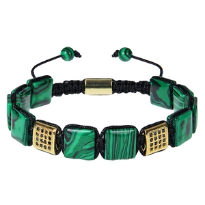 Braided peacock green stone bracelet with 10mm square malachite and gold zircon inlay