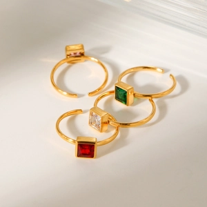 18k gold plated stainless steel square zircon rings in red, green, clear and pink stones