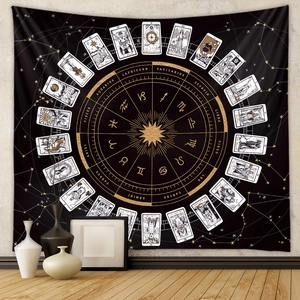 Bohemian tarot zodiac tapestry with gold constellation compass on black fabric backdrop
