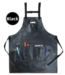Dettaglio del grembiule in pelle PU nera impermeabile con tasche e trama del tessuto