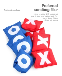 Close-up of red and blue bean bags with X and O prints filled with premium PP particles