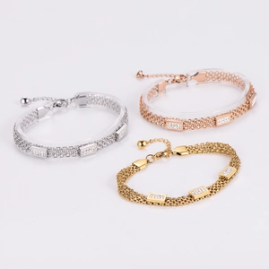 Multilayer Chain Bracelet 316L Stainless Steel Cubic Zirconia Rectangular Pave Adjustable Fashion Jewelry For Women