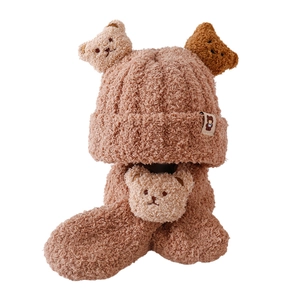 Kids plush bear hat and scarf set in caramel brown fleece for winter warmth