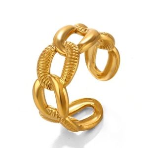 18K gold plated stainless steel chain link ring with hammer texture for women