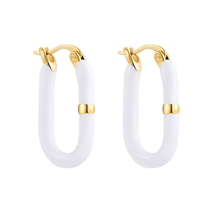 Detailed macro view of 18K gold-plated U-shaped earrings with white enamel finish