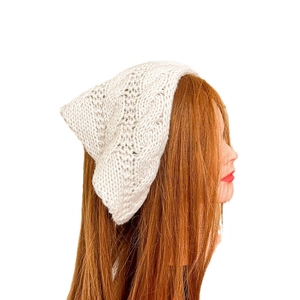 Vintage style cream white knit headband scarf for women with hollow floral pattern
