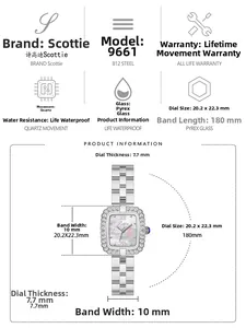 Technical specifications of square quartz watch with dimensions and diamond bezel details