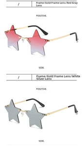 Detail of star-shaped rimless sunglasses with gold metal temples and gradient lenses
