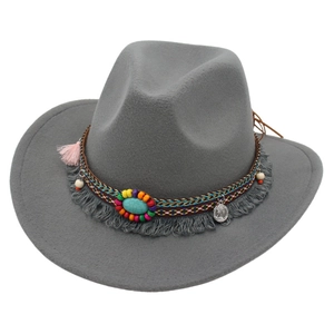 Gray wool felt wide-brim cowboy hat with bohemian turquoise and tassel beaded band