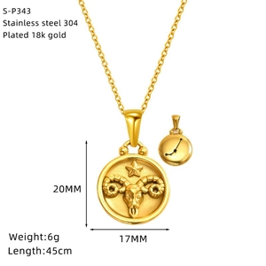 18K gold plated Aries zodiac medallion necklace in 304 stainless steel for women