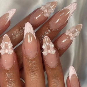 Faux Ongles Roses Style Français Doux Avec Nœud 3D Et Texture De Tricot Ongles Artificiels Amande Pour Manucure Femme