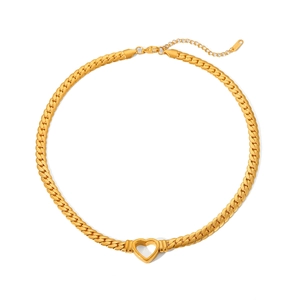 Close-up of golden stainless steel curb chain necklace with a hollow heart pendant detail