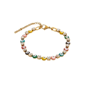 Gold-plated stainless steel evil eye bracelet with colorful beads and zircon stones