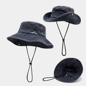 Washed Cotton Bucket Hat With Chin Strap Sun Protection Outdoor Hiking Fishing Mountain Embroidery Unisex Vintage