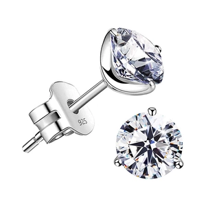 Round Brilliant Cut Zirconia Stud Earrings With 925 Sterling Silver Earring Post Minimalist Three-Prong Jewelry Women
