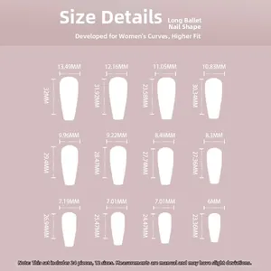 Size chart showing 24pcs long coffin nails in 12 sizes with detailed width measurements