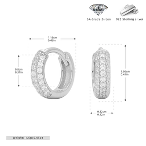 Detailed size measurement showing inner diameter and zircons of S925 silver hoop earrings