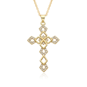 Golden cross pendant necklace with micro-p镶嵌 zircon stones in geometric diamond design