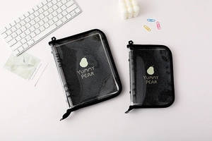 Detail of transparent PVC A5 and A6 binders with Yummy Pear print and black zipper