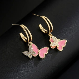 Luxurious 18K gold plated butterfly drop earrings with pink enamel and sparkling zircons