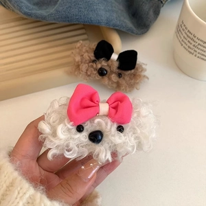 Plush puppy hair clips with colorful bows for women, soft faux fur winter hair accessories